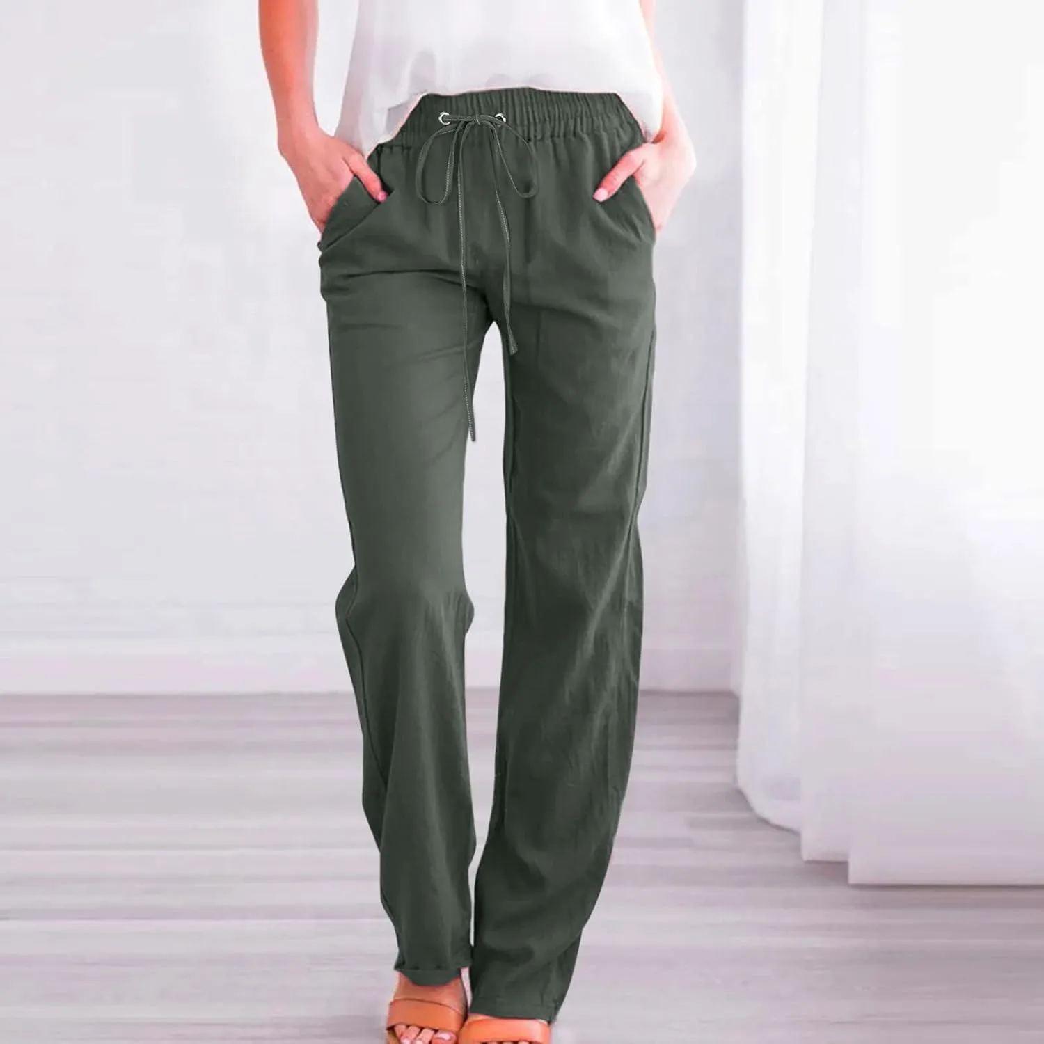 Women's Plus Size Summer Pants Straight Leg Linen Pants High Waisted Pants Loose Beach Pants Casual Vacation Trousers