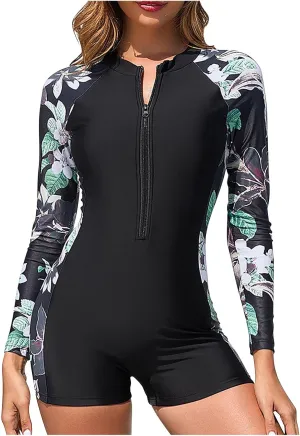 Womens Rash Guard Long Sleeve One Piece Boyleg Swimsuits Zipper Front Surfing Bathing Suits UV Sun Protection UPF 50 