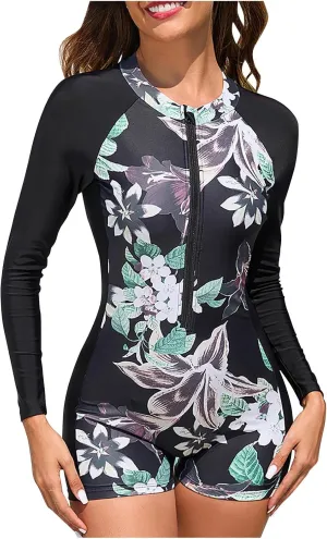 Womens Rash Guard Long Sleeve One Piece Boyleg Swimsuits Zipper Front Surfing Bathing Suits UV Sun Protection UPF 50 