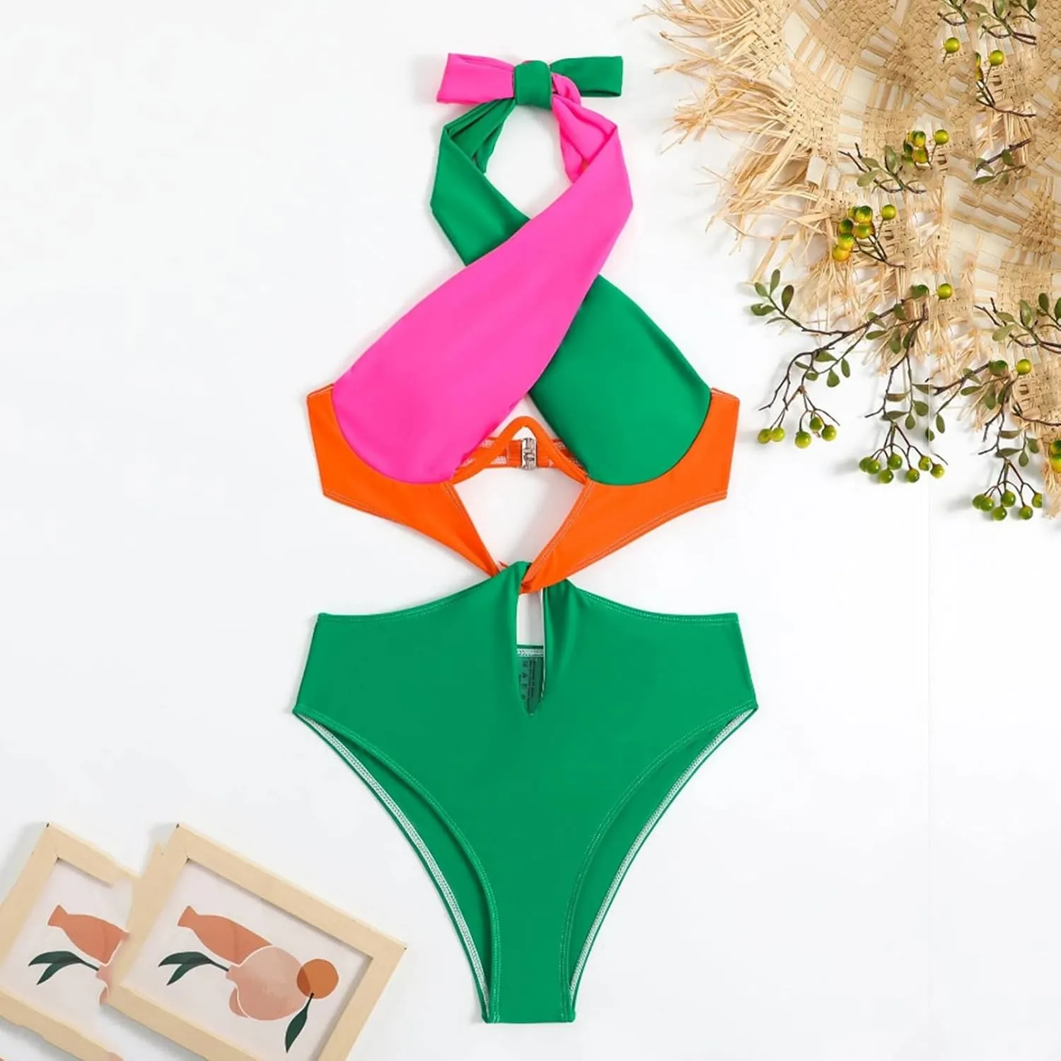 Womens Sexy One Piece Swimsuit Cut Out Criss Cross Bathing Suit Thong Monokini Colorblock Underwire Halter Swimwear
