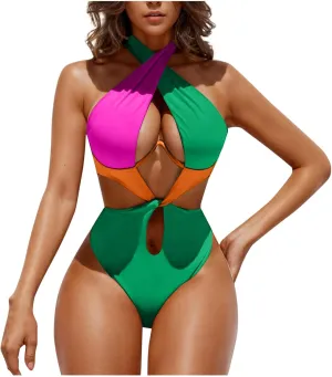 Womens Sexy One Piece Swimsuit Cut Out Criss Cross Bathing Suit Thong Monokini Colorblock Underwire Halter Swimwear