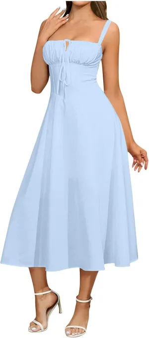 Womens Spaghetti Strap Summer Dress Tie Front Midi Dresses Flowy A Line Sundress Casual Beach Vacation Outfits