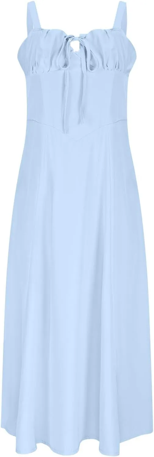 Womens Spaghetti Strap Summer Dress Tie Front Midi Dresses Flowy A Line Sundress Casual Beach Vacation Outfits