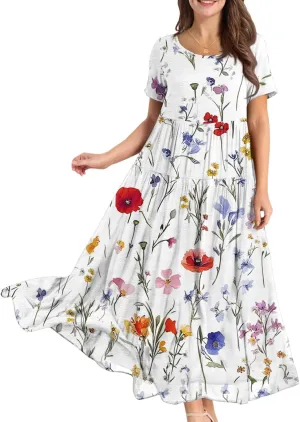 Women's Summer Bohemian Floral Pattern A Line Short Sleeve High Neck Strapless Pleated Swing Vacation Midi Dresses