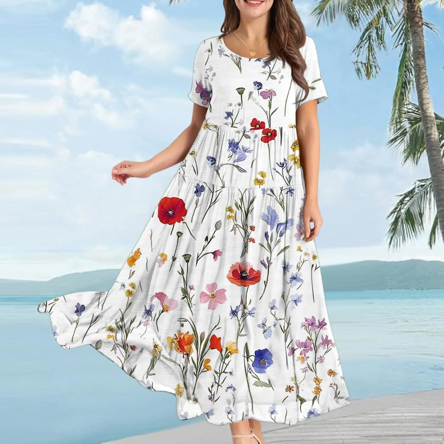 Women's Summer Bohemian Floral Pattern A Line Short Sleeve High Neck Strapless Pleated Swing Vacation Midi Dresses