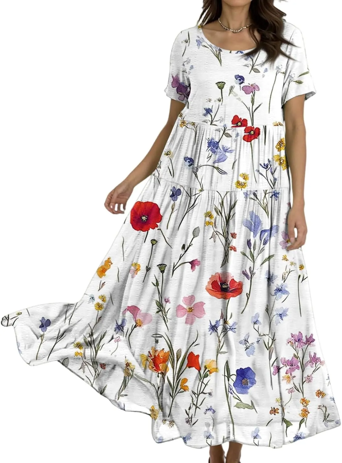 Women's Summer Bohemian Floral Pattern A Line Short Sleeve High Neck Strapless Pleated Swing Vacation Midi Dresses