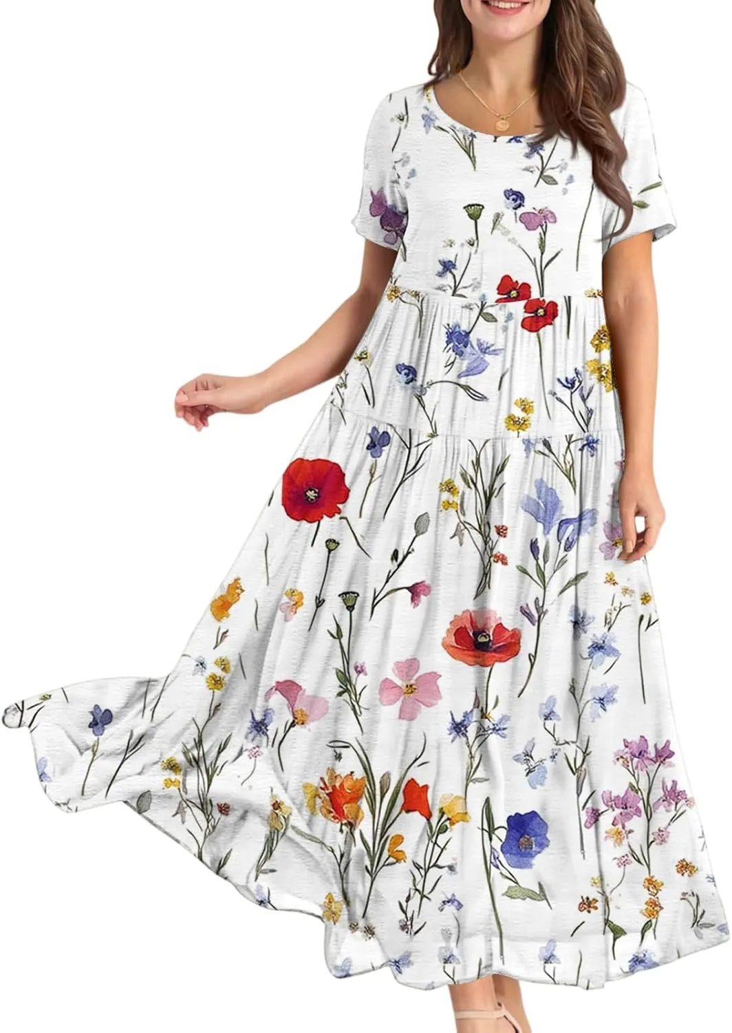 Women's Summer Bohemian Floral Pattern A Line Short Sleeve High Neck Strapless Pleated Swing Vacation Midi Dresses