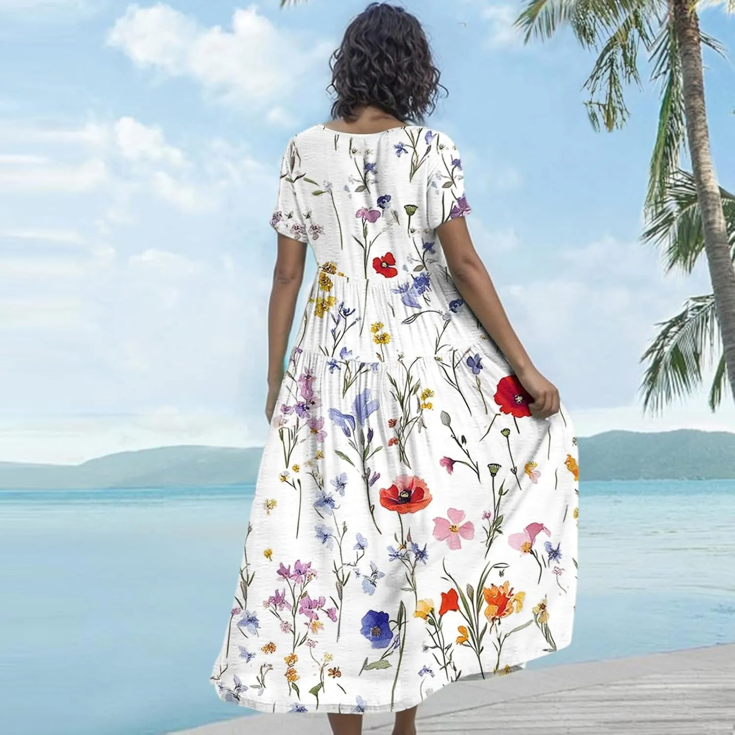 Women's Summer Bohemian Floral Pattern A Line Short Sleeve High Neck Strapless Pleated Swing Vacation Midi Dresses