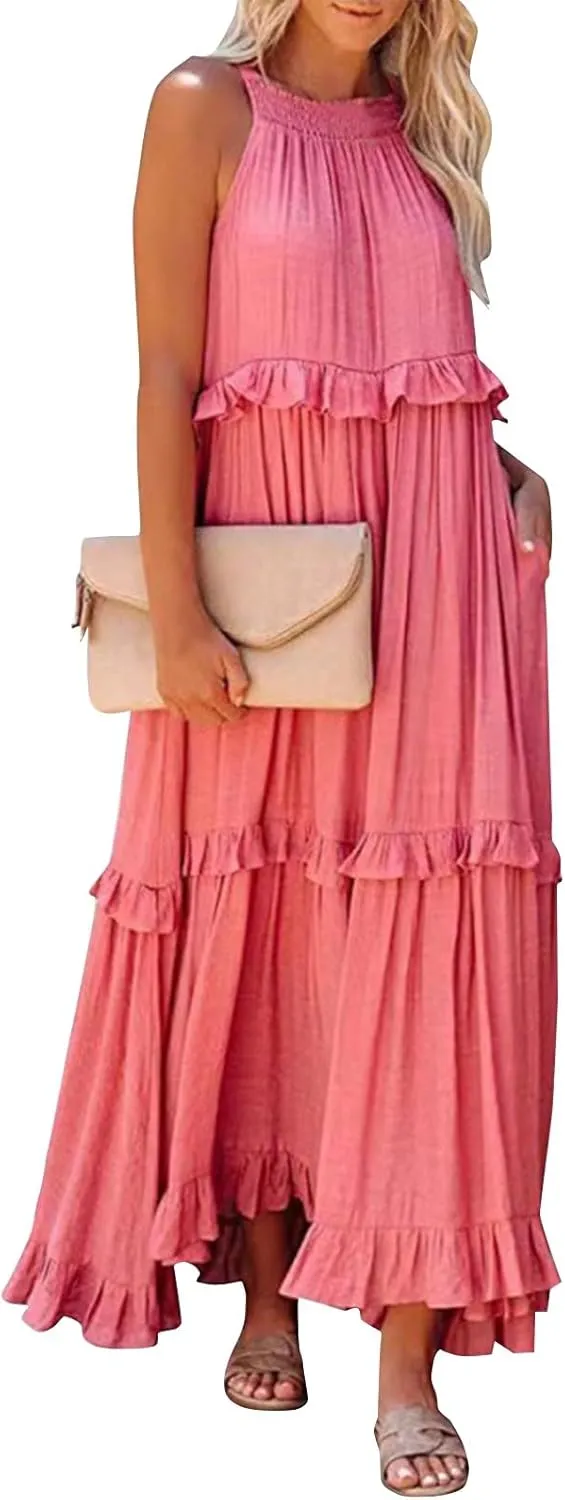 Womens Summer Dresses 2024, Swing Beach Maxi Dress Casual Boho Off Shoulder Sleeveless Loose Flowy Trendy Sundress