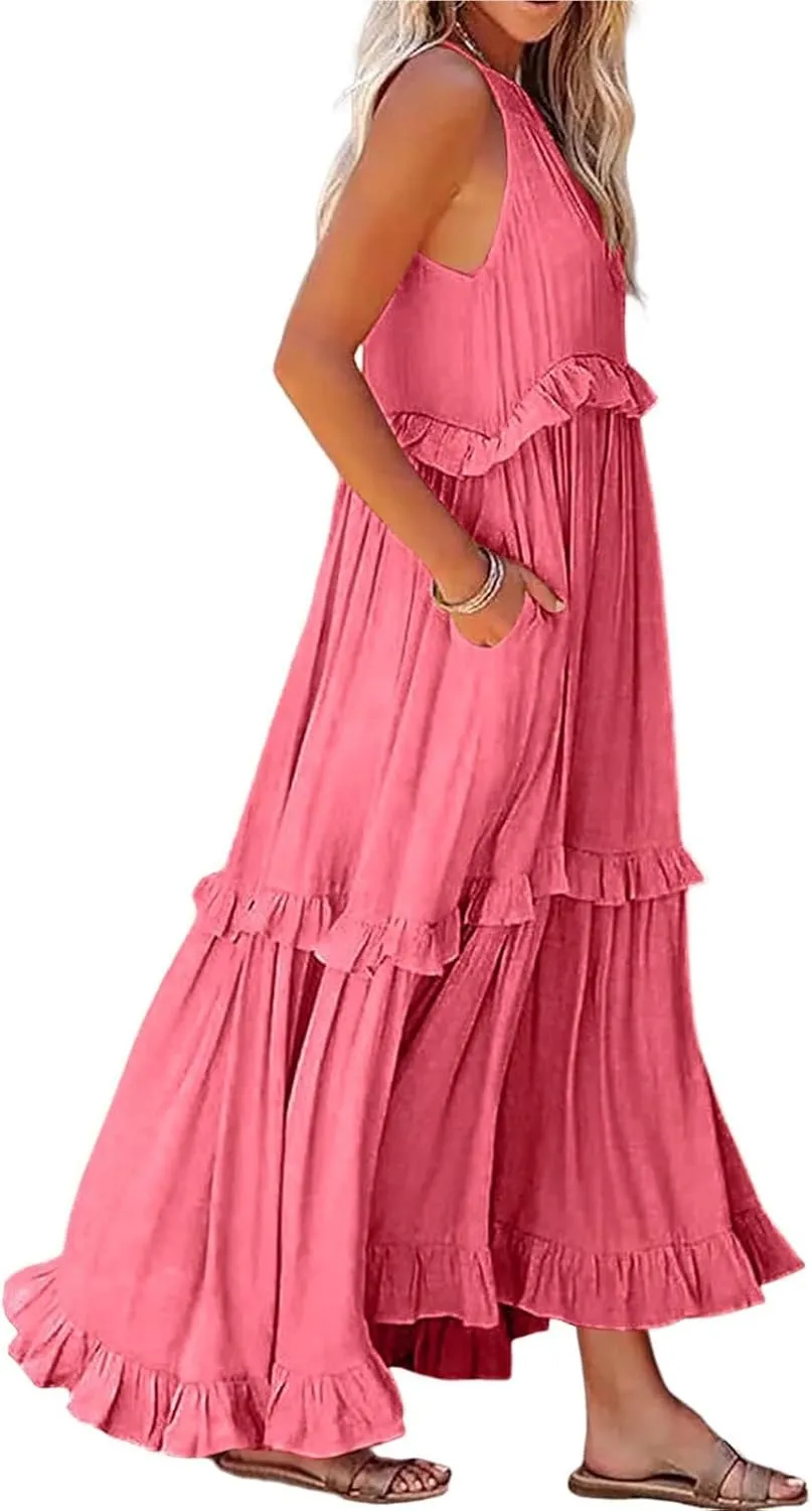 Womens Summer Dresses 2024, Swing Beach Maxi Dress Casual Boho Off Shoulder Sleeveless Loose Flowy Trendy Sundress