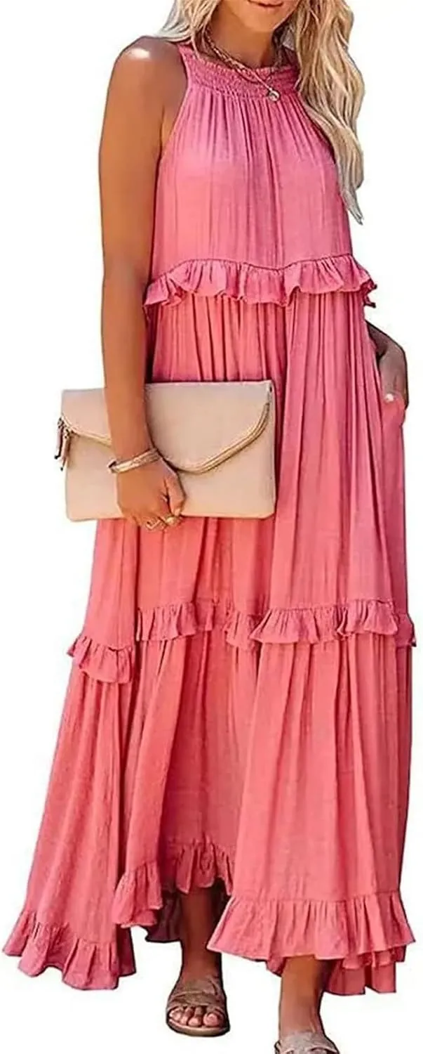 Womens Summer Dresses 2024, Swing Beach Maxi Dress Casual Boho Off Shoulder Sleeveless Loose Flowy Trendy Sundress