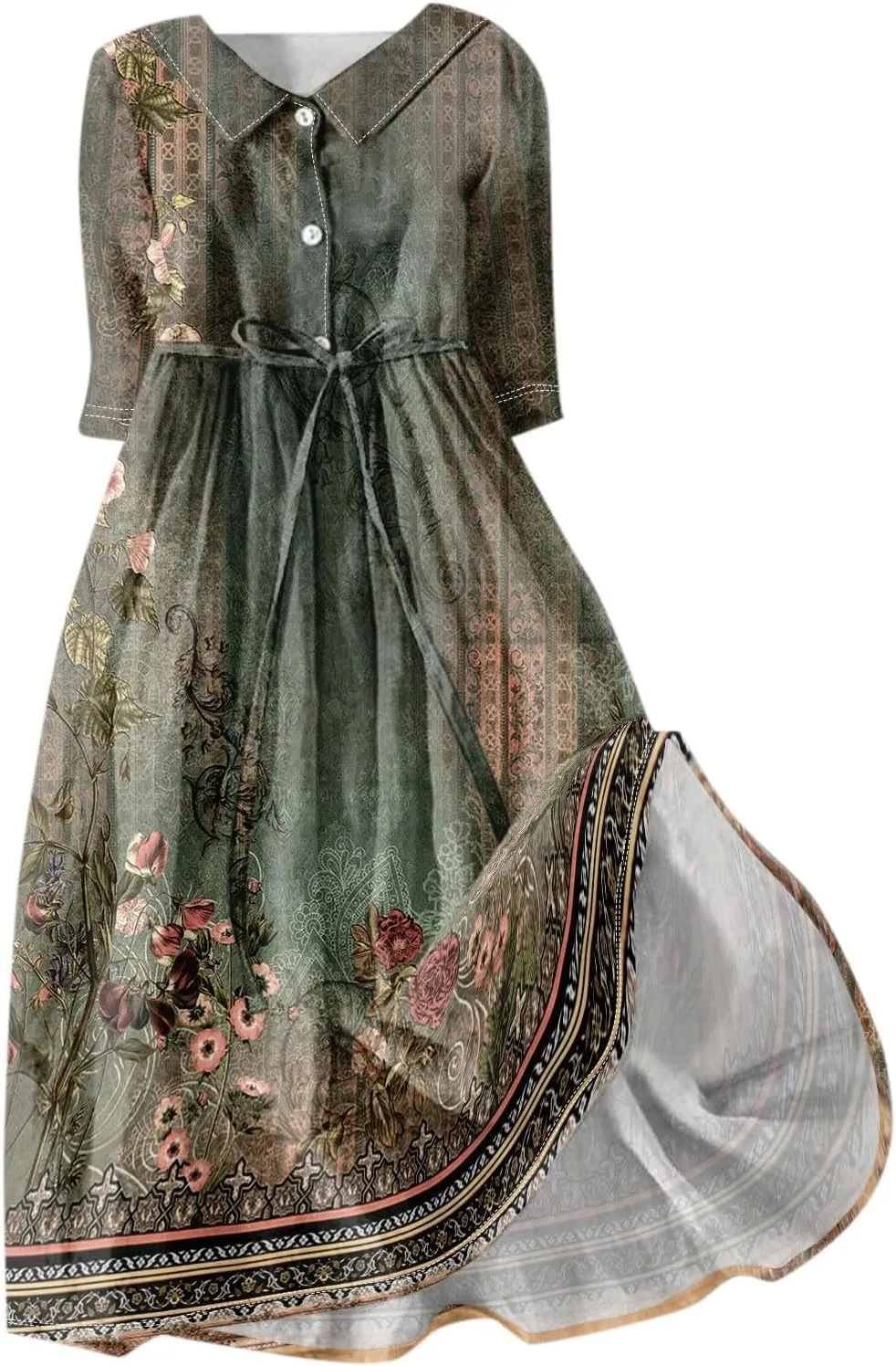 Womens Summer Dresses 3/4 Sleeve Lapel Neck Button Cute A Line Lace-Up Dress Boho Floral Vacation Beach Maxi Dress