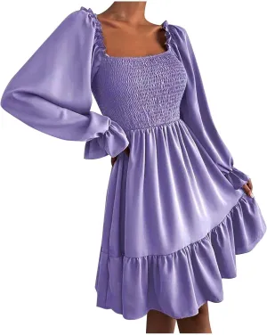 Women's Summer Dresses Boho Square Neck Smocked Bell Long Sleeve Casual A-Line Swing Ruffle Mini Babydoll Dress