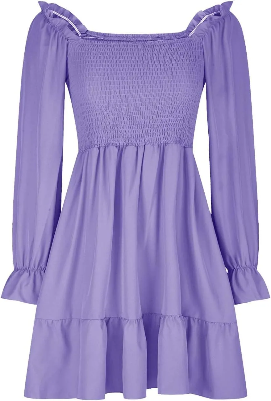 Women's Summer Dresses Boho Square Neck Smocked Bell Long Sleeve Casual A-Line Swing Ruffle Mini Babydoll Dress