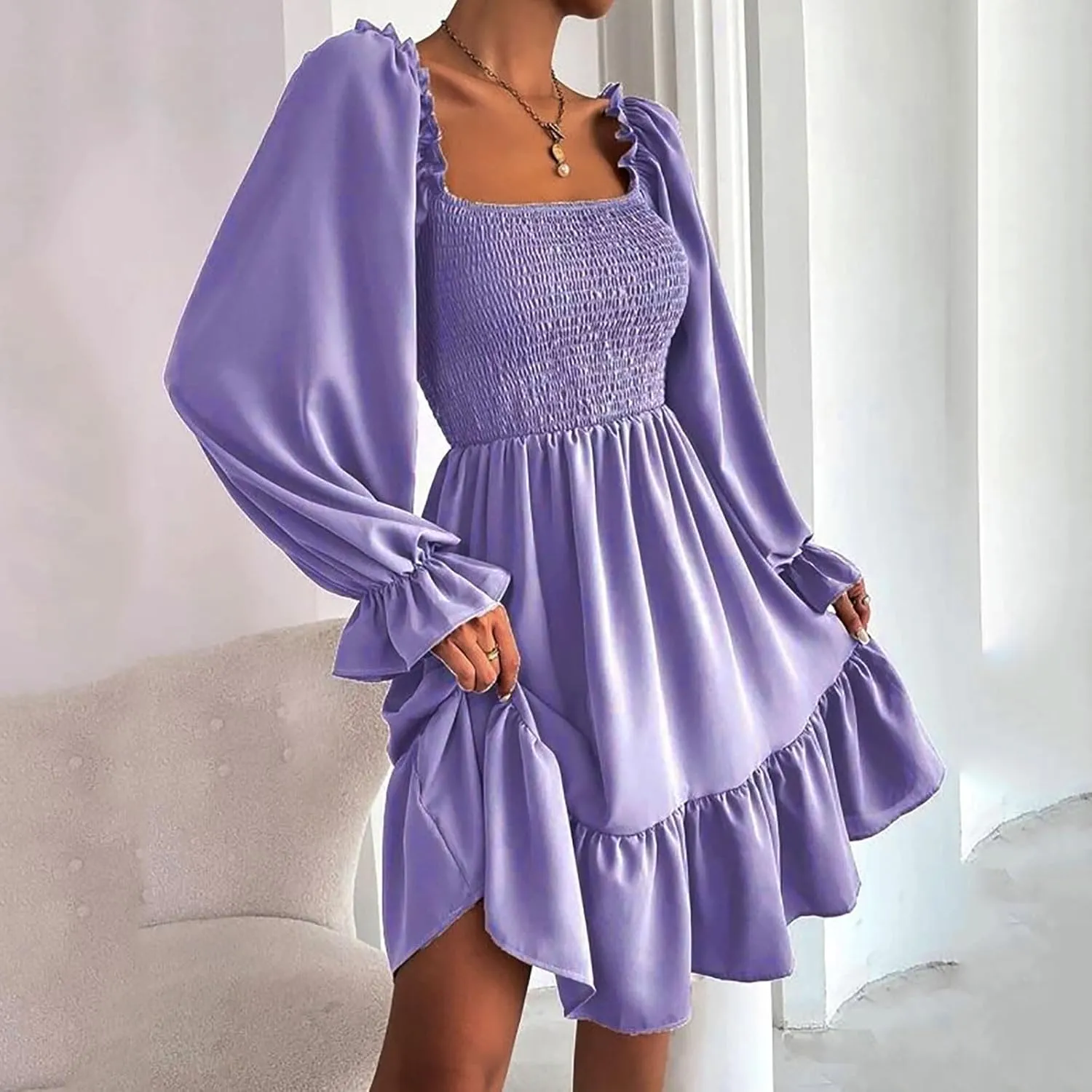 Women's Summer Dresses Boho Square Neck Smocked Bell Long Sleeve Casual A-Line Swing Ruffle Mini Babydoll Dress