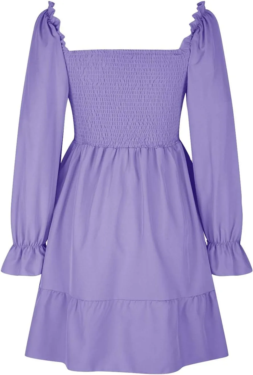 Women's Summer Dresses Boho Square Neck Smocked Bell Long Sleeve Casual A-Line Swing Ruffle Mini Babydoll Dress