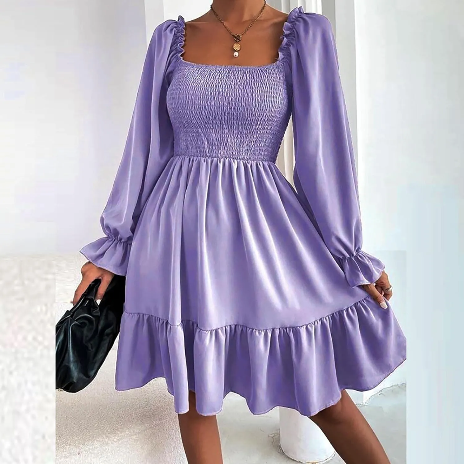 Women's Summer Dresses Boho Square Neck Smocked Bell Long Sleeve Casual A-Line Swing Ruffle Mini Babydoll Dress