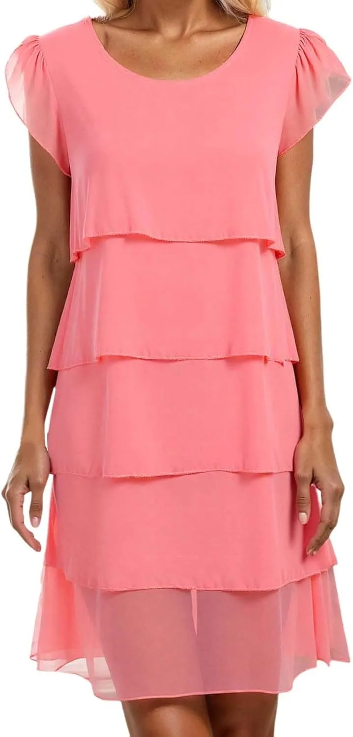 Womens Summer Dresses Casual Layered Ruffles Round Neck Elegant Floral Print Evening Dress Short Sleeve Mini Dress