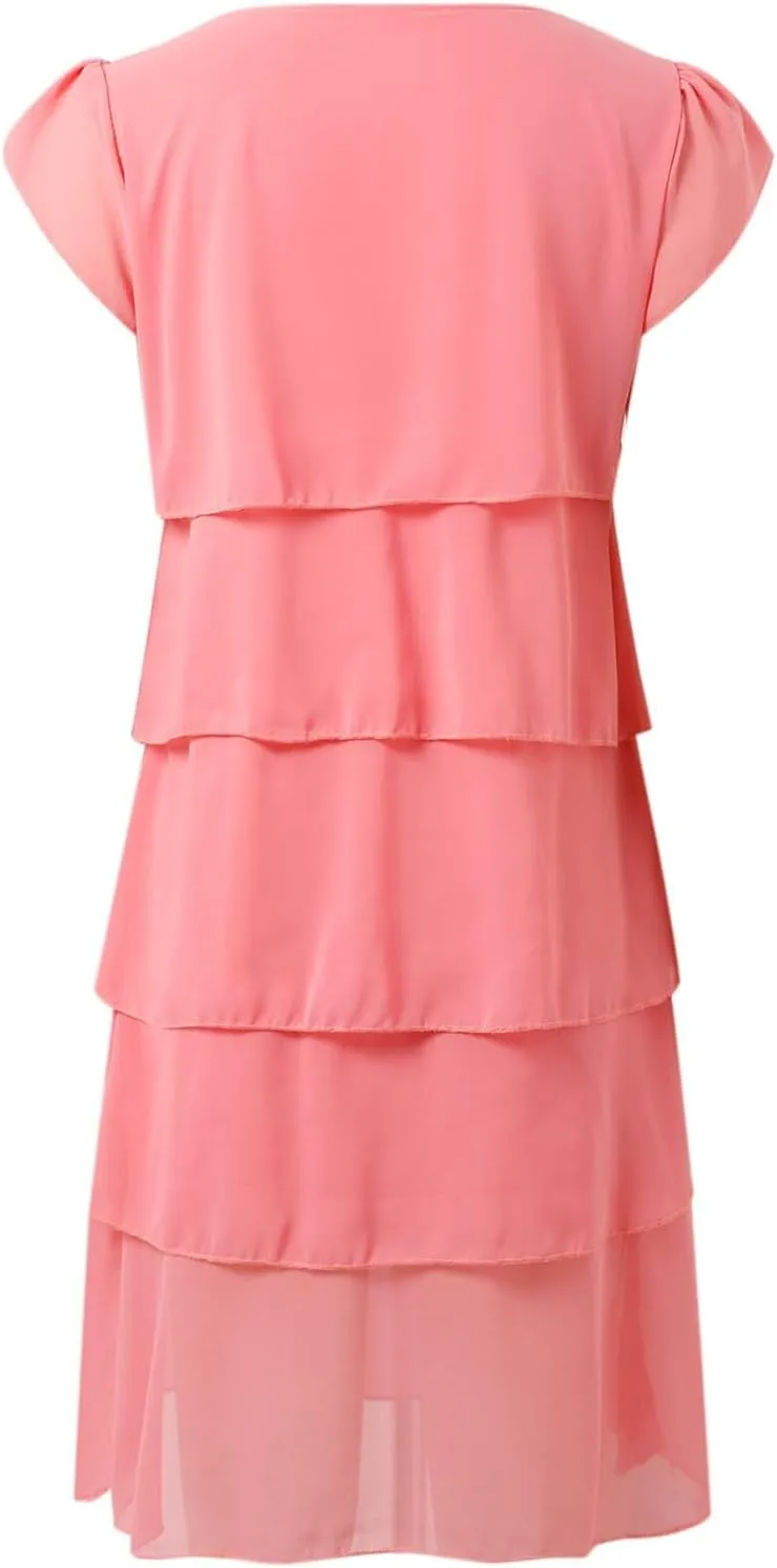 Womens Summer Dresses Casual Layered Ruffles Round Neck Elegant Floral Print Evening Dress Short Sleeve Mini Dress