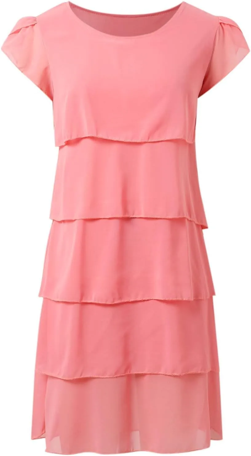 Womens Summer Dresses Casual Layered Ruffles Round Neck Elegant Floral Print Evening Dress Short Sleeve Mini Dress