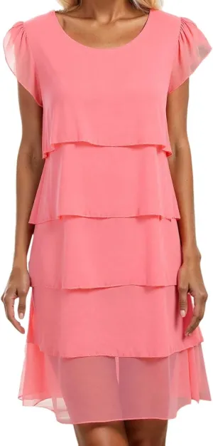 Womens Summer Dresses Casual Layered Ruffles Round Neck Elegant Floral Print Evening Dress Short Sleeve Mini Dress