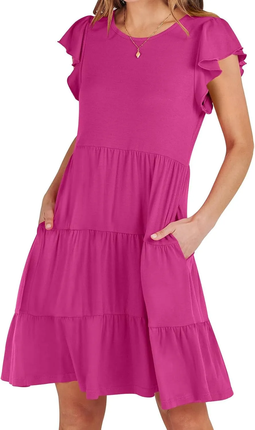 Womens Summer Dresses Round Neck Cap Sleeve Mini Dress Ruffle Hem A Line Short Dresses Casual Vacation Beach Dress