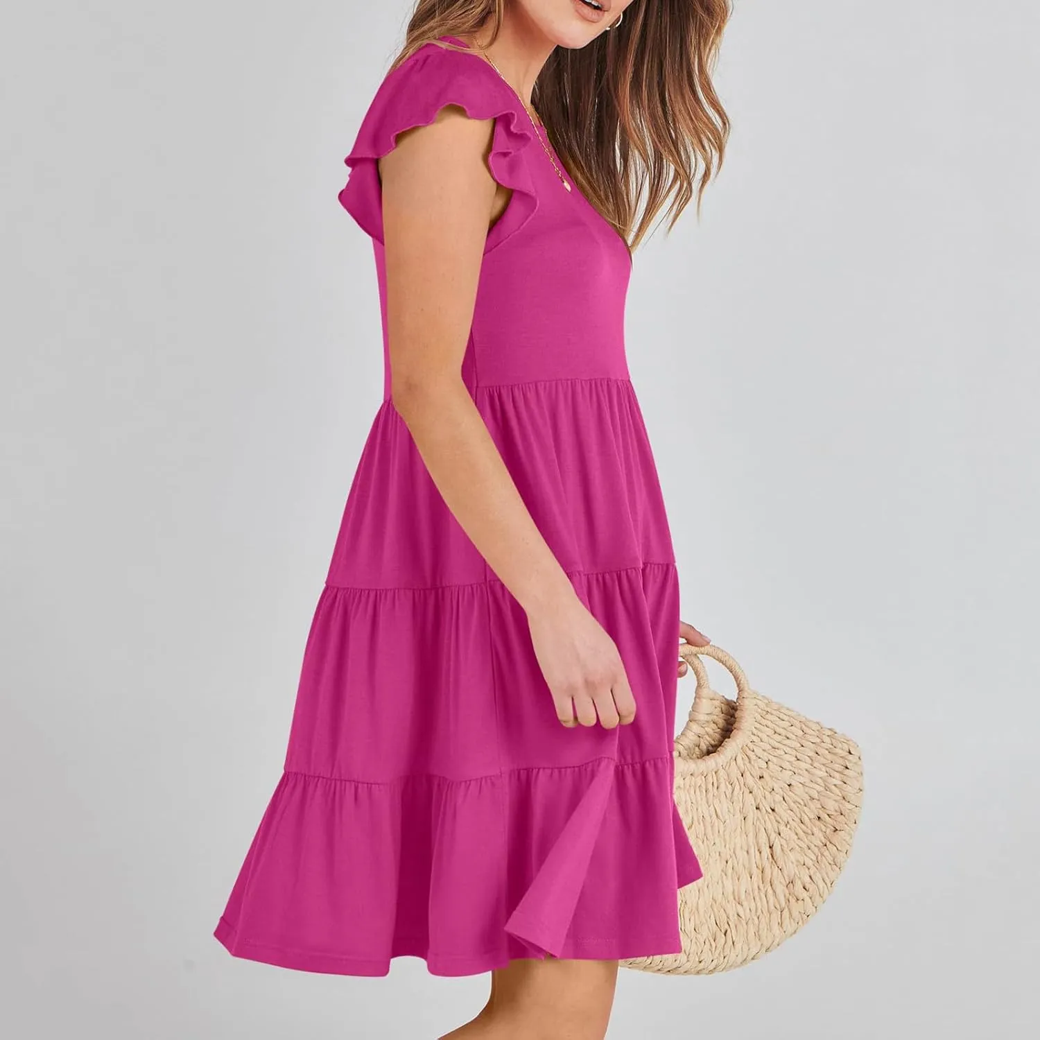 Womens Summer Dresses Round Neck Cap Sleeve Mini Dress Ruffle Hem A Line Short Dresses Casual Vacation Beach Dress