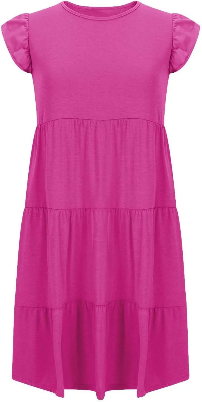 Womens Summer Dresses Round Neck Cap Sleeve Mini Dress Ruffle Hem A Line Short Dresses Casual Vacation Beach Dress