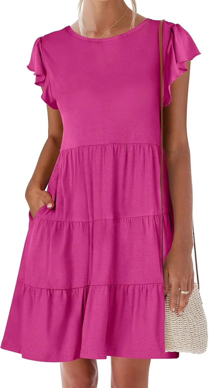 Womens Summer Dresses Round Neck Cap Sleeve Mini Dress Ruffle Hem A Line Short Dresses Casual Vacation Beach Dress