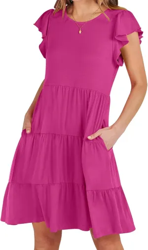 Womens Summer Dresses Round Neck Cap Sleeve Mini Dress Ruffle Hem A Line Short Dresses Casual Vacation Beach Dress