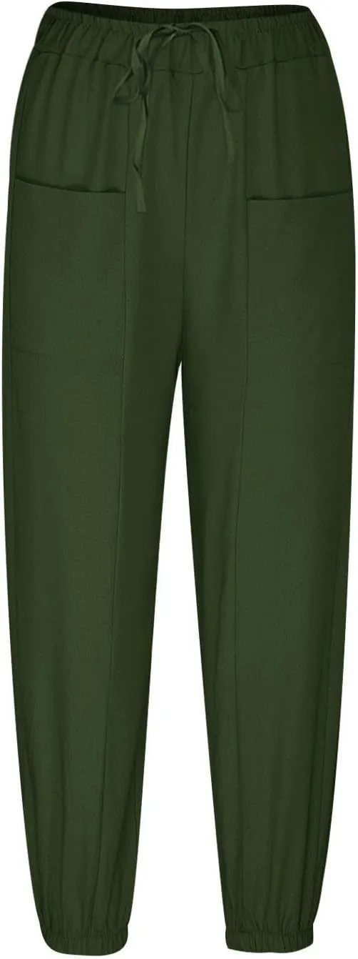 Womens Summer Linen Crop Pants Wide Leg Pants Cotton Linen Pants Elastic Waist Carips Pants Casual Oversized Trousers