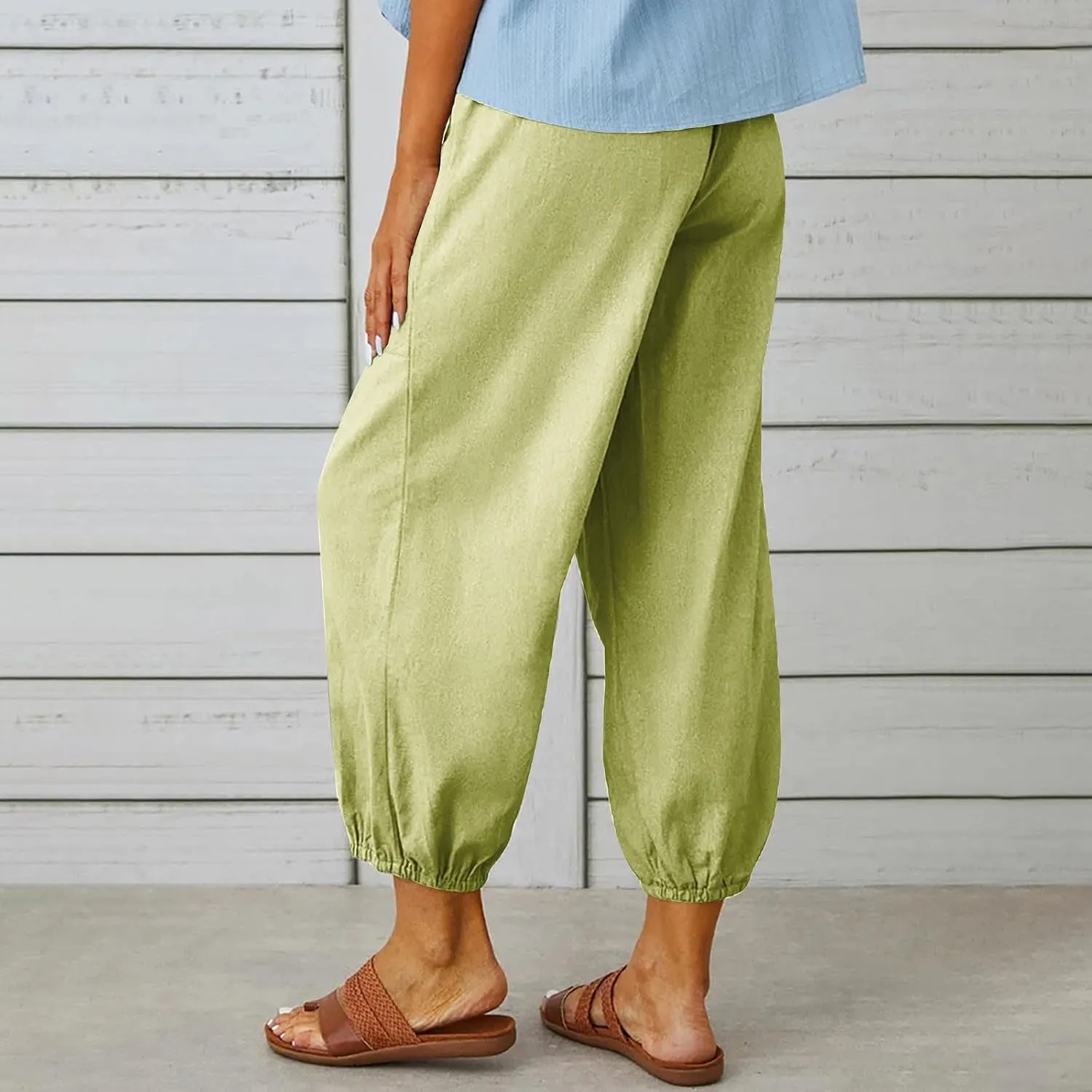 Womens Summer Linen Crop Pants Wide Leg Pants Cotton Linen Pants Elastic Waist Carips Pants Casual Oversized Trousers