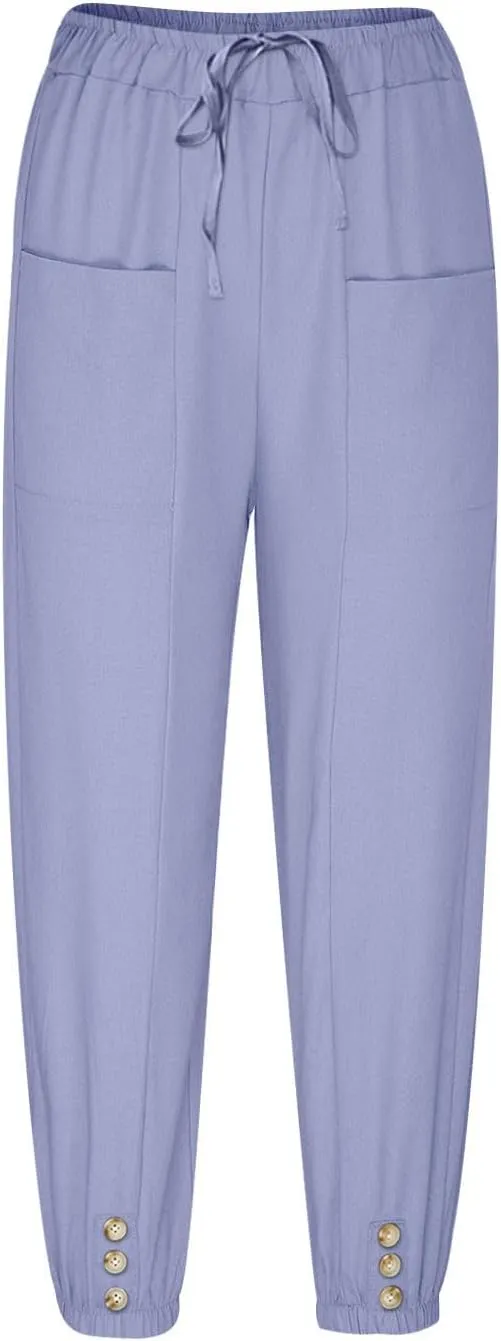 Womens Summer Linen Crop Pants Wide Leg Pants Cotton Linen Pants Elastic Waist Carips Pants Casual Oversized Trousers