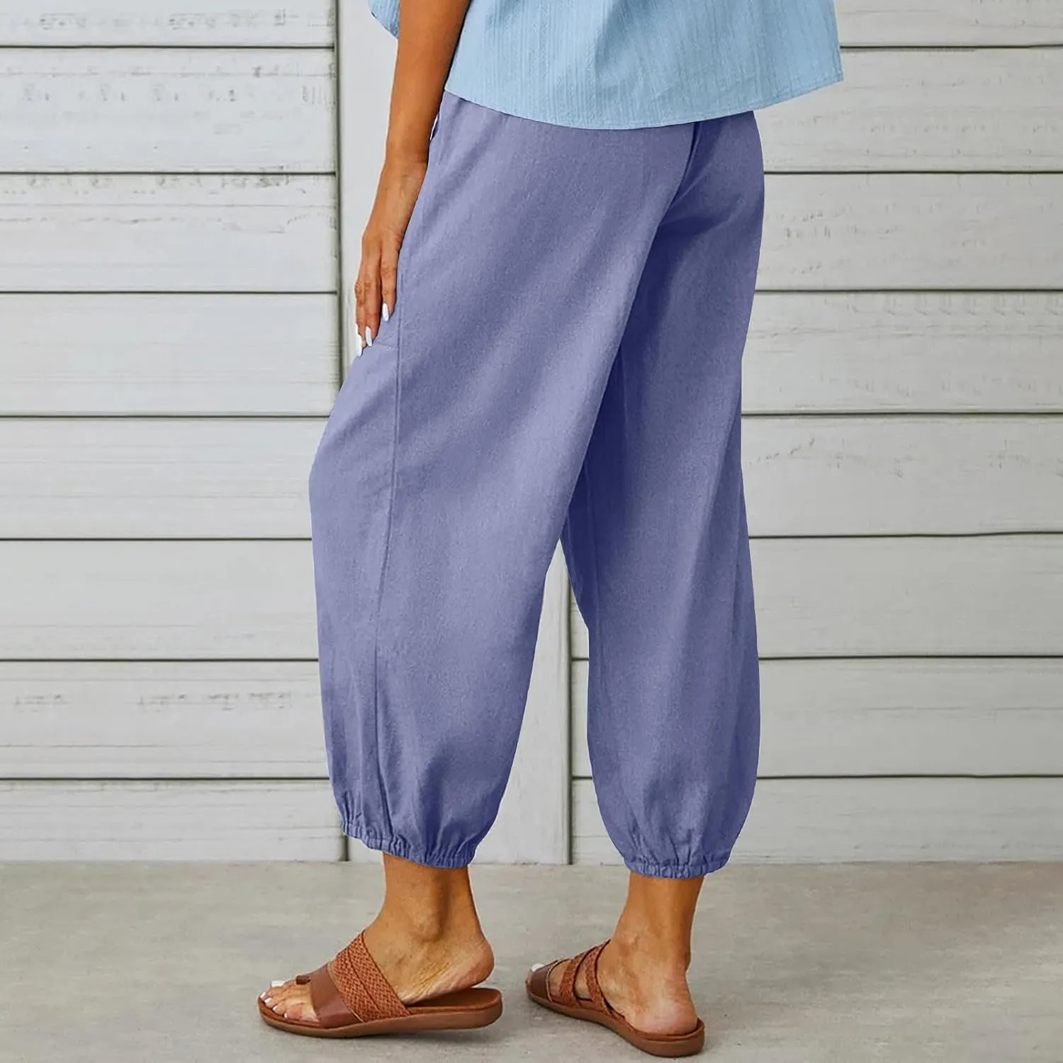 Womens Summer Linen Crop Pants Wide Leg Pants Cotton Linen Pants Elastic Waist Carips Pants Casual Oversized Trousers