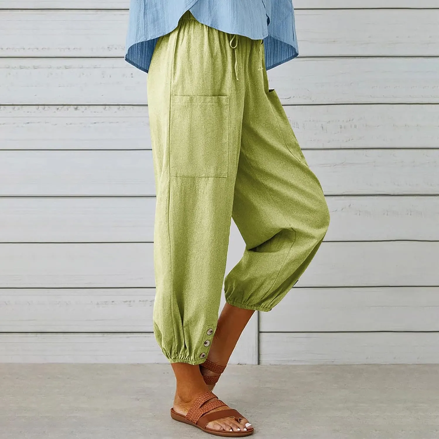 Womens Summer Linen Crop Pants Wide Leg Pants Cotton Linen Pants Elastic Waist Carips Pants Casual Oversized Trousers