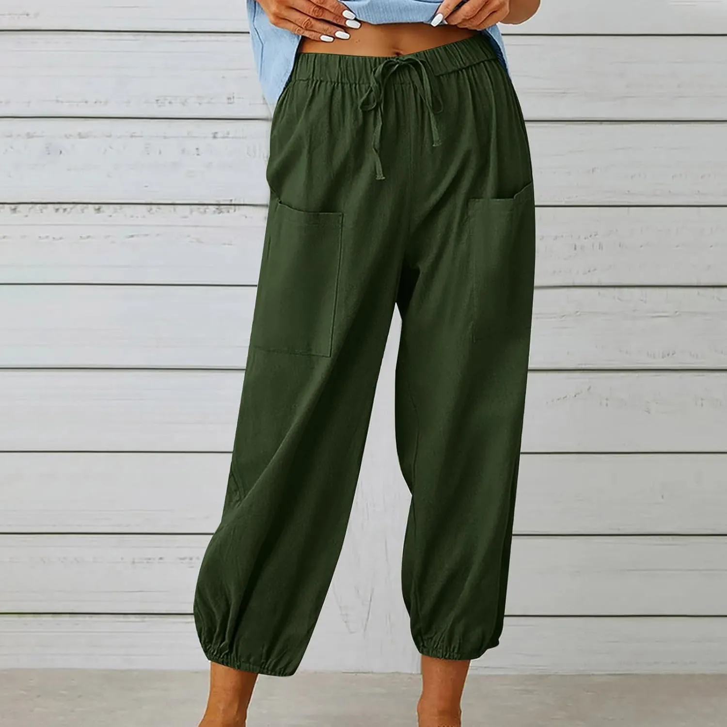 Womens Summer Linen Crop Pants Wide Leg Pants Cotton Linen Pants Elastic Waist Carips Pants Casual Oversized Trousers