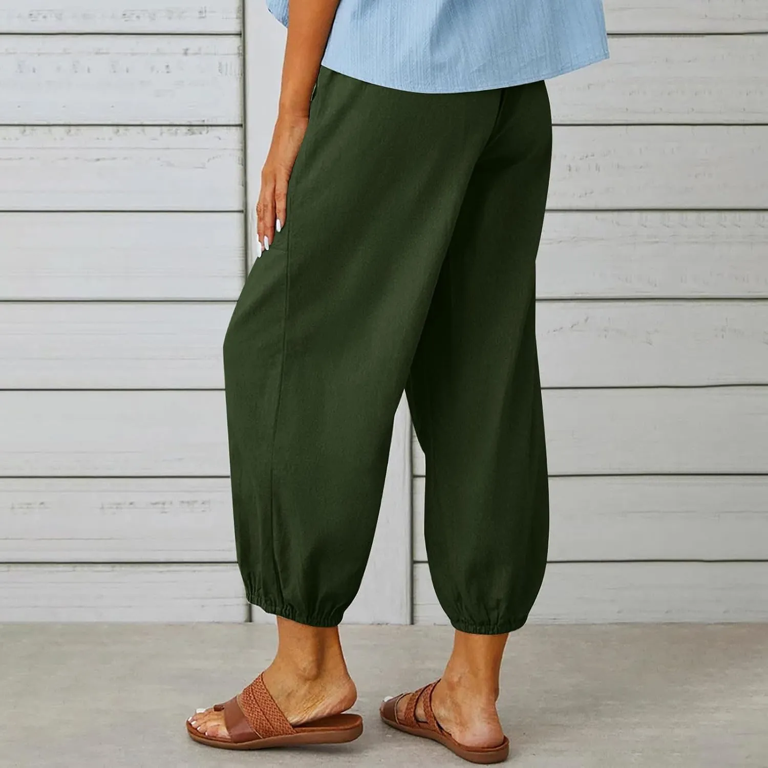 Womens Summer Linen Crop Pants Wide Leg Pants Cotton Linen Pants Elastic Waist Carips Pants Casual Oversized Trousers