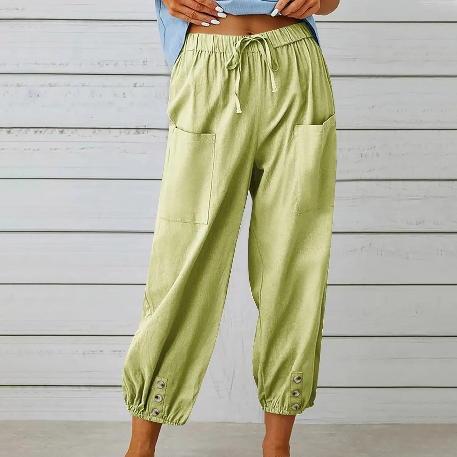 Womens Summer Linen Crop Pants Wide Leg Pants Cotton Linen Pants Elastic Waist Carips Pants Casual Oversized Trousers