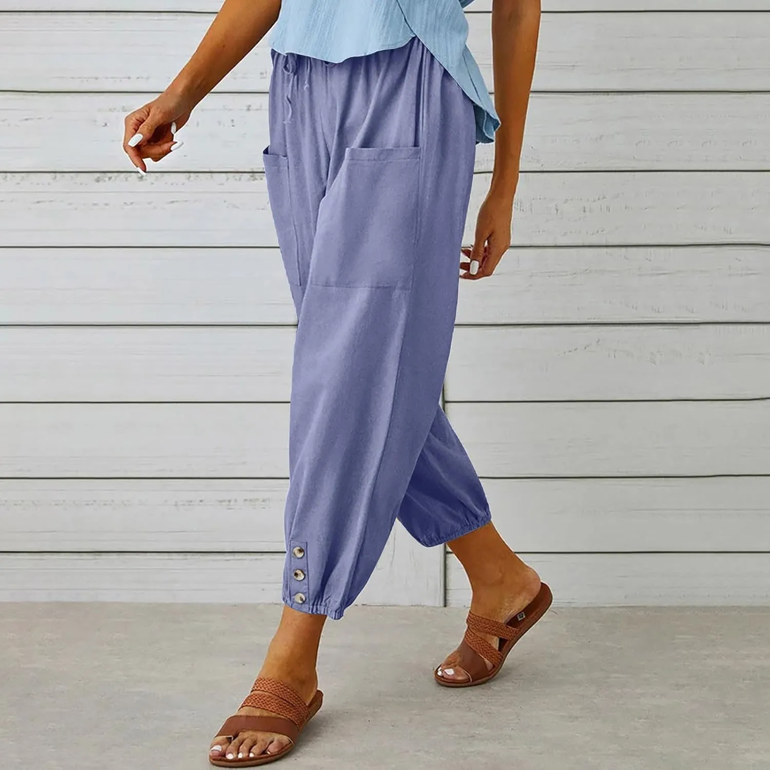Womens Summer Linen Crop Pants Wide Leg Pants Cotton Linen Pants Elastic Waist Carips Pants Casual Oversized Trousers