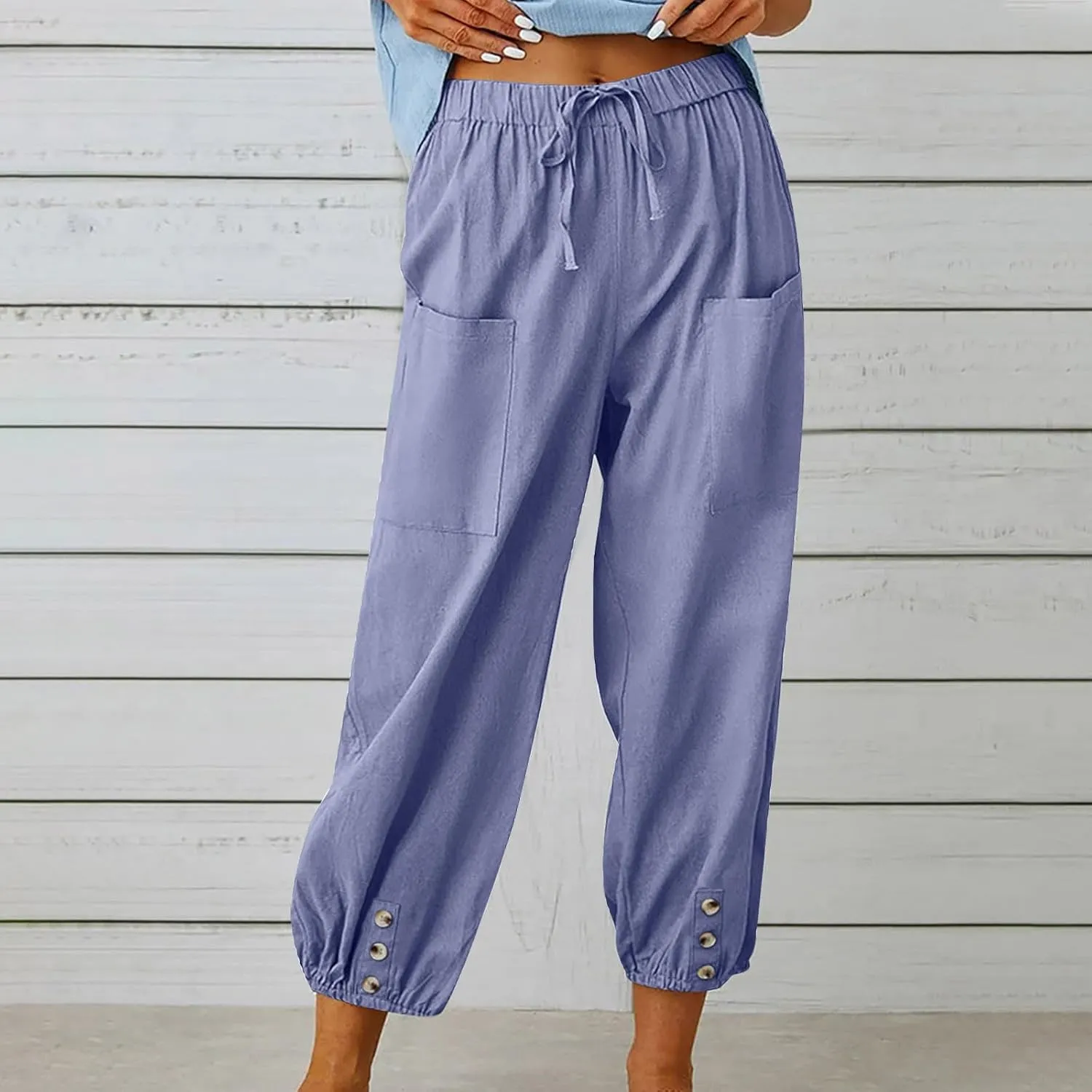 Womens Summer Linen Crop Pants Wide Leg Pants Cotton Linen Pants Elastic Waist Carips Pants Casual Oversized Trousers