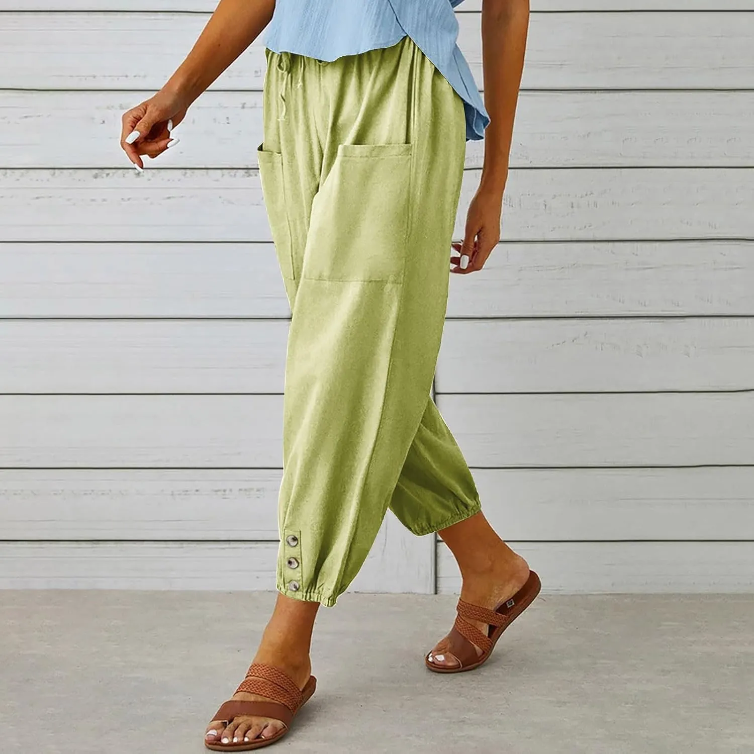 Womens Summer Linen Crop Pants Wide Leg Pants Cotton Linen Pants Elastic Waist Carips Pants Casual Oversized Trousers