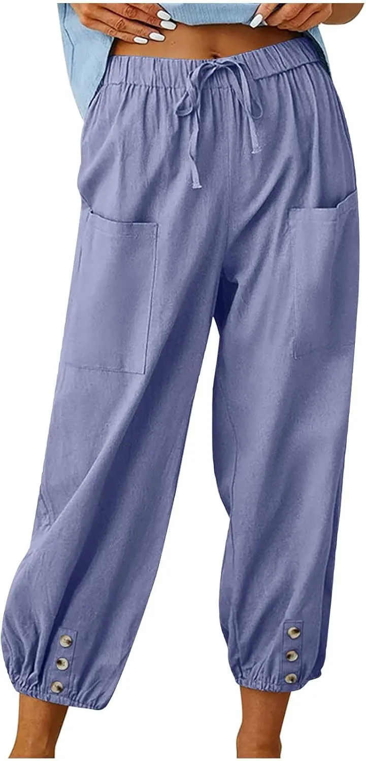 Womens Summer Linen Crop Pants Wide Leg Pants Cotton Linen Pants Elastic Waist Carips Pants Casual Oversized Trousers