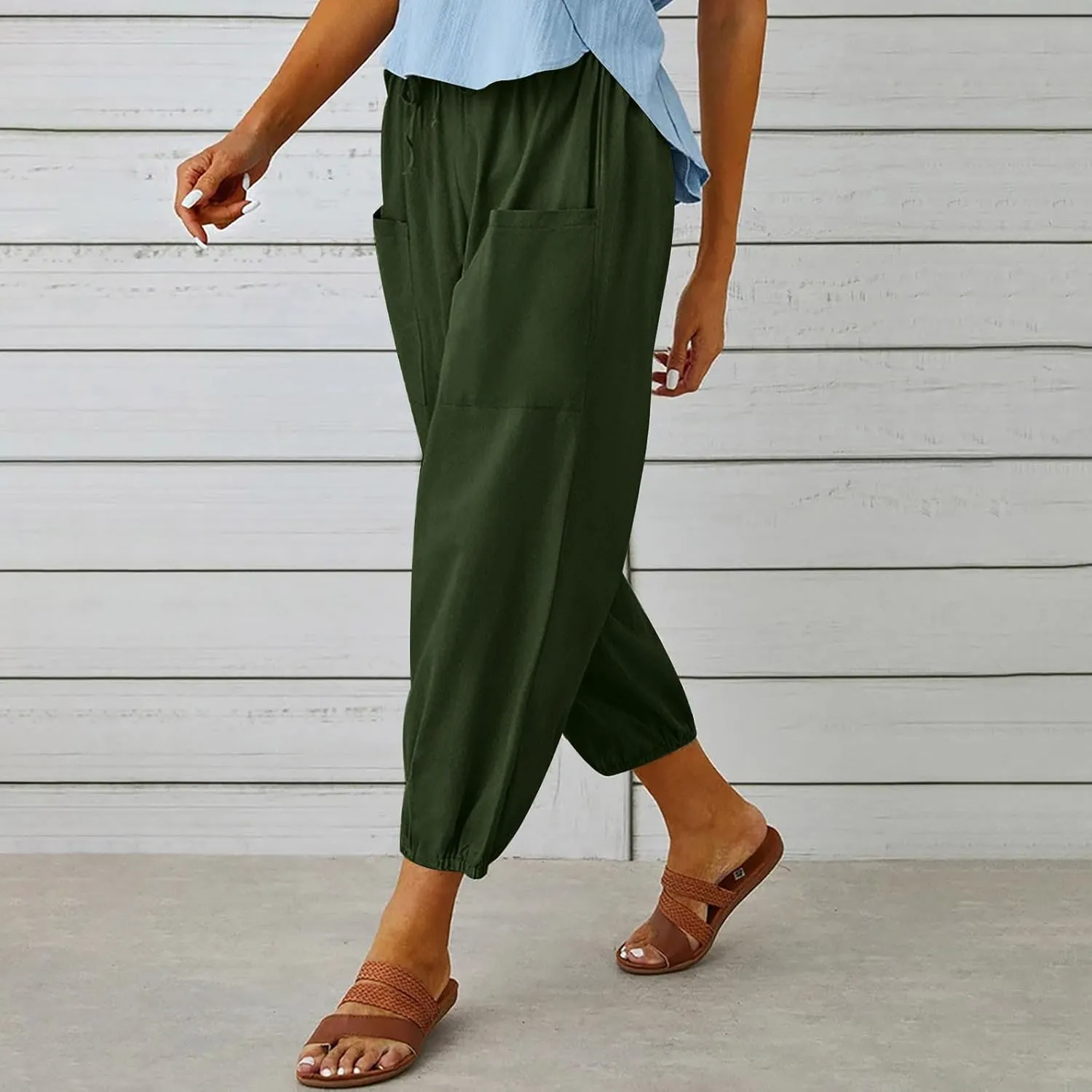 Womens Summer Linen Crop Pants Wide Leg Pants Cotton Linen Pants Elastic Waist Carips Pants Casual Oversized Trousers