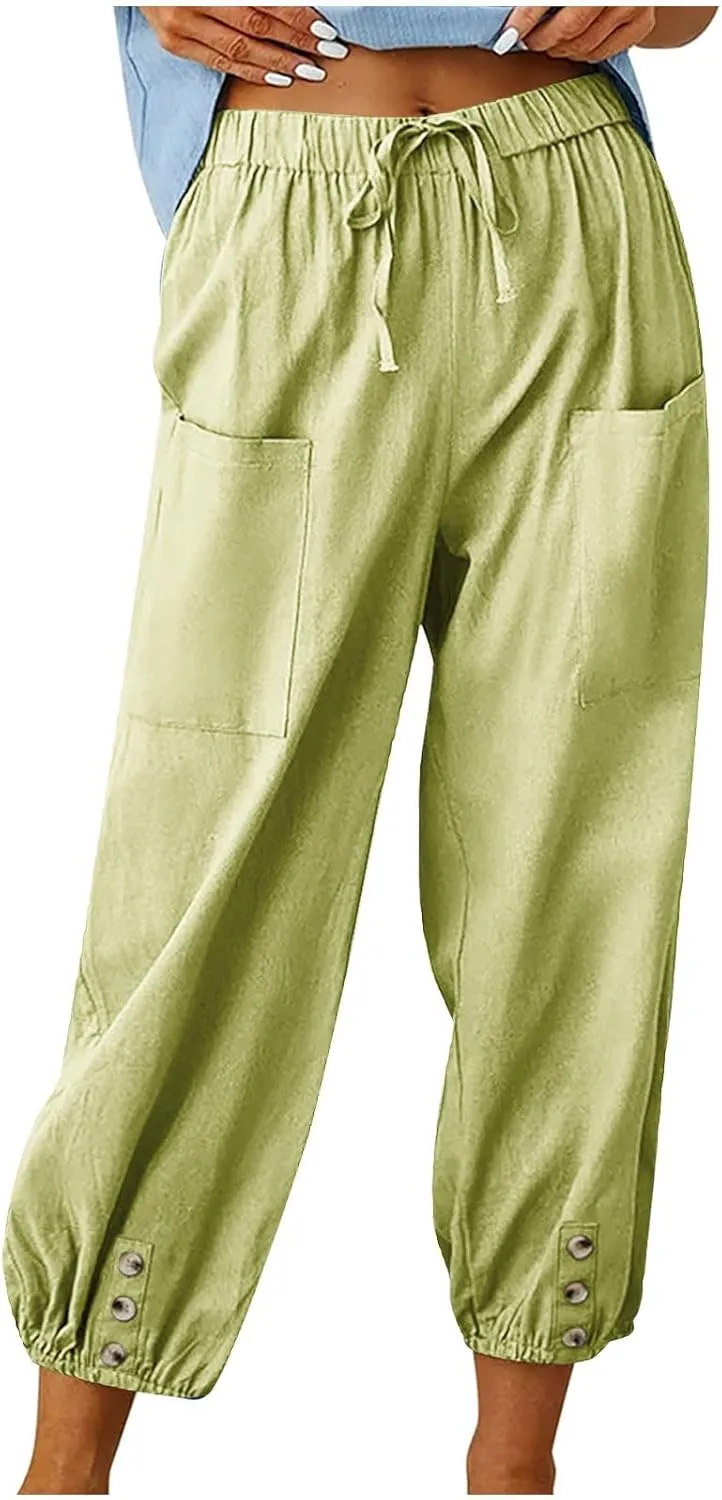 Womens Summer Linen Crop Pants Wide Leg Pants Cotton Linen Pants Elastic Waist Carips Pants Casual Oversized Trousers