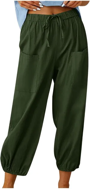 Womens Summer Linen Crop Pants Wide Leg Pants Cotton Linen Pants Elastic Waist Carips Pants Casual Oversized Trousers