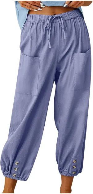 Womens Summer Linen Crop Pants Wide Leg Pants Cotton Linen Pants Elastic Waist Carips Pants Casual Oversized Trousers