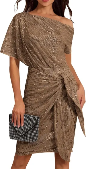 Women's Summer Sexy Elegant Trendy Cold One Shoulder Short Sleeve Sequins Solid Color Prom Party Cocktail Midi Dresses