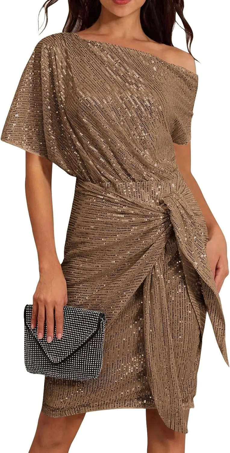 Women's Summer Sexy Elegant Trendy Cold One Shoulder Short Sleeve Sequins Solid Color Prom Party Cocktail Midi Dresses