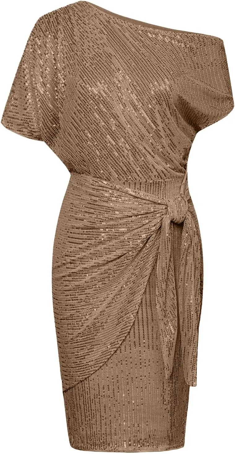 Women's Summer Sexy Elegant Trendy Cold One Shoulder Short Sleeve Sequins Solid Color Prom Party Cocktail Midi Dresses