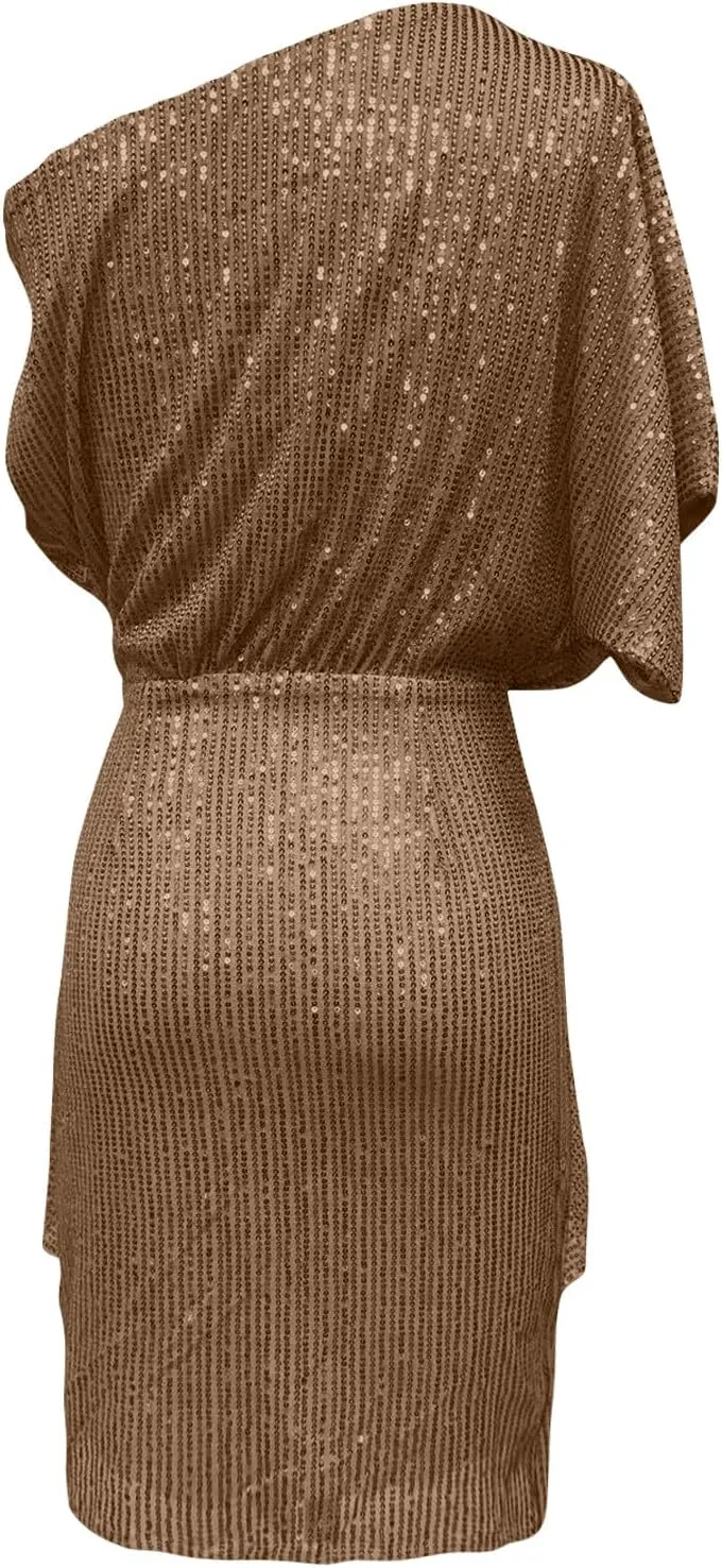 Women's Summer Sexy Elegant Trendy Cold One Shoulder Short Sleeve Sequins Solid Color Prom Party Cocktail Midi Dresses